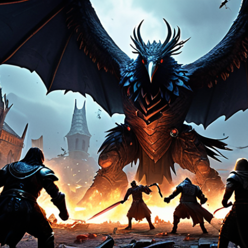 Home 13 An epic battle scene in Night Crows, featuring a diverse guild team valiantly fighting a colossal World Boss. The image conveys powerful teamwork, with spell effects, close coordination between tanks, damage dealers, and healers, and a clear sense of collective might. The atmosphere is tense but determined, leading to a triumphant outcome. Dark fantasy, medieval setting, high detail.