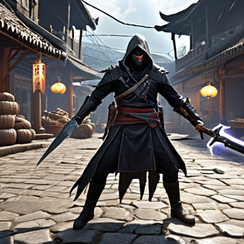 Home 8 ** A Night Crows Assassin character in dynamic action, surrounded by a flurry of rapid attacks. The character is equipped with items like "Pedang Halilintar" (Lightning Sword) and "Cincin Kecepatan" (Speed Ring). Visual effects showcase increased attack speed and critical hits. The setting is a bustling marketplace in the game, with other players and vendors visible in the background.
**