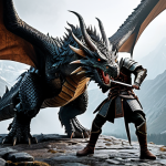 A brave adventurer, fully clothed in sturdy leather armor, battling a fearsome dragon in the Misty Mountains. Safe for work, appropriate content, perfect anatomy, family-friendly.